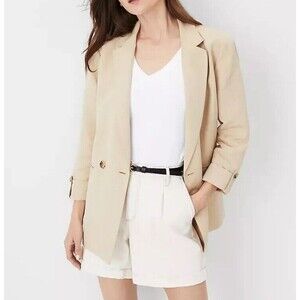 ANN TAYLOR XLP Petite Weekend Roll Sleeve Relaxed Blazer Linen Blend